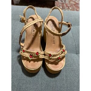 Sbicca Womens Rope Wedge Sandals Platform Rose Embroidered Tan Boho 7M 32605
